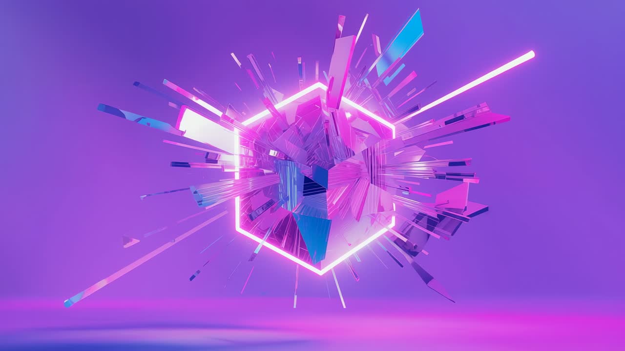 Appearing neon pink hexagon expanding with reflective shards on 3D stage, dynamic explosion effect