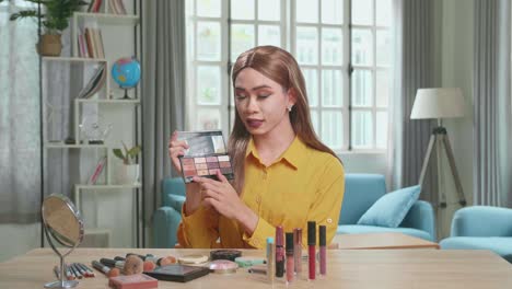 influencer young transgender woman blogger talks about makeup. blogger talks facial beauty treatments. vlogger broadcasts how to use of cosmetic in home studio
