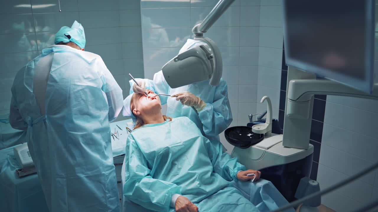 Oral procedure of treating female's teeth in dentist office. Doctor stomatologist and assistant in medical uniform are working with a patient's teeth in hospital.