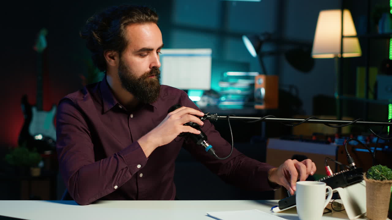 Ritratto di un creatore di contenuti ottimista che ospita uno show online nello studio rgb lights