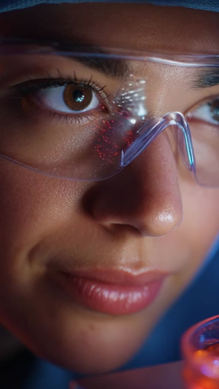 Close-Up of a Focused Female Scientist Examining a Sample Under Lab Conditions with Protective Eyewear, Displaying Intelligence and Commitment to Research