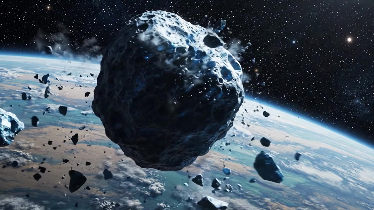 Una vista cosmica mozzafiato di un asteroide che plana sopra l'atmosfera terrestre, mostrando le profondità stellari e la diversità dello spazio in tutto il suo splendore