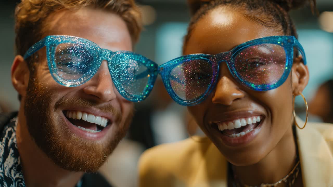 A duo revels in vibrant laughter and creativity, showcasing their playful connection in a dazzling atmosphere adorned with sparkling glasses that capture the essence of joy