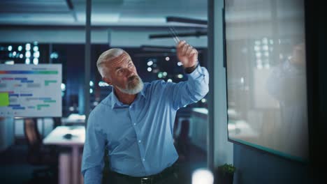 company operations director holds sales meeting presentation for employees and executives. senior adult male uses tv screen with growth analysis, charts, ad revenue. work in business office.