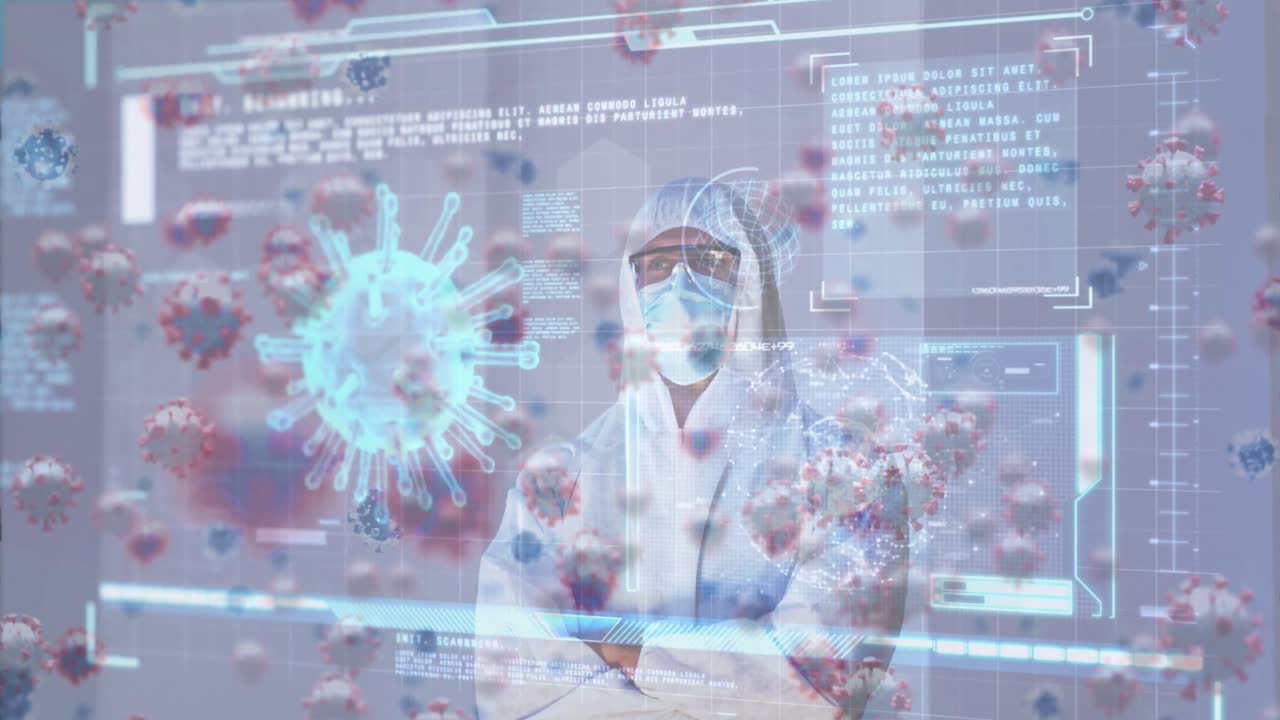 animación de la célula covid-19 y datos en la pantalla sobre la mujer caucásica un traje ppe