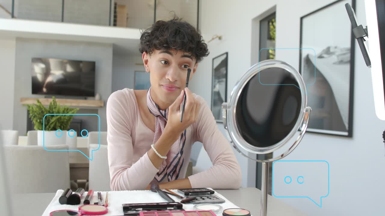 Makeup host going live and teaching eye makeup, applying steps with turquoise chats guiding camera