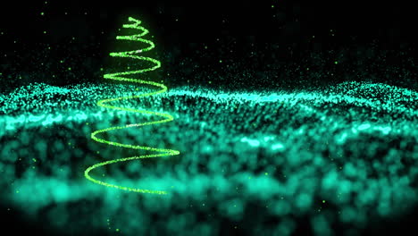 animation of christmas neon decoration over green wave on black backgroun