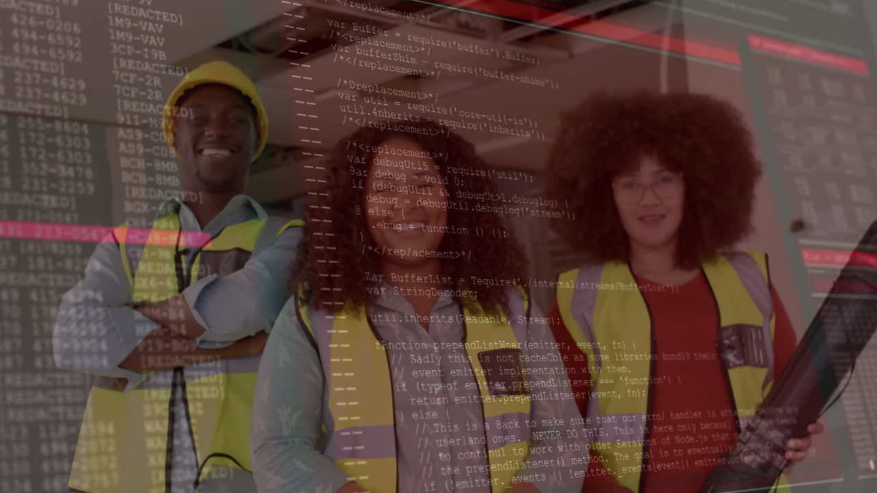 Animation of data processing over diverse engineers in hi vis vests