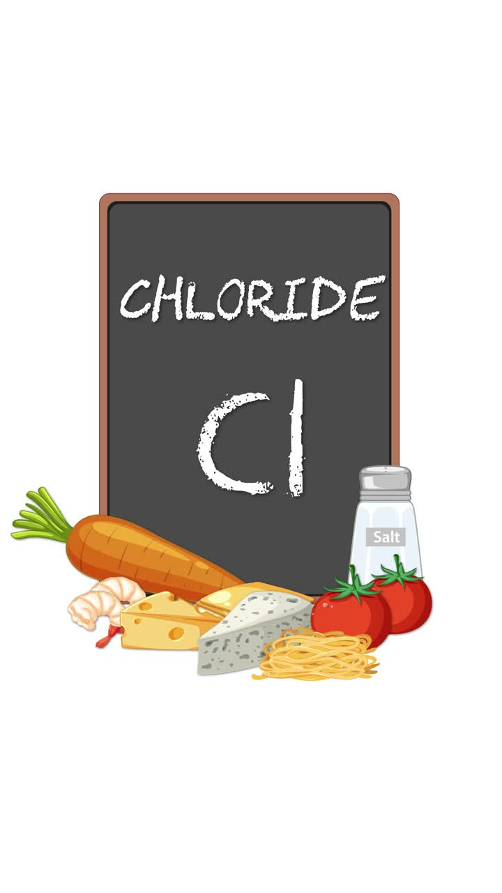 Animazione verticale su sfondo bianco di una lavagna con cloruro, circondata da alimenti salati e sale da cucina