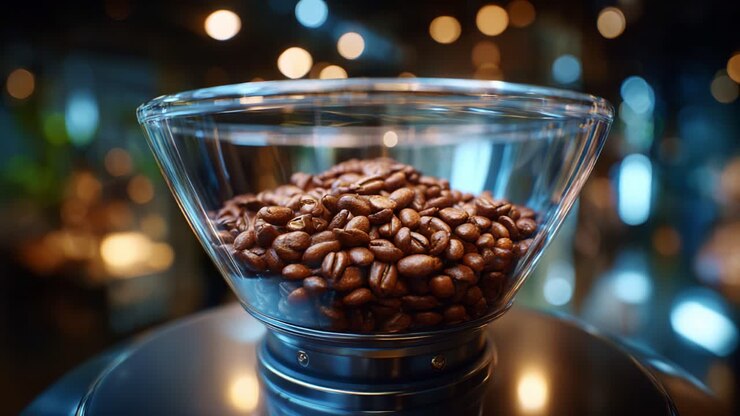 Primo piano di chicchi di caffè tostati freschi in un contenitore trasparente con sfondo sfocato e illuminazione bokeh calda, perfetto per amanti ed esperti di caffè