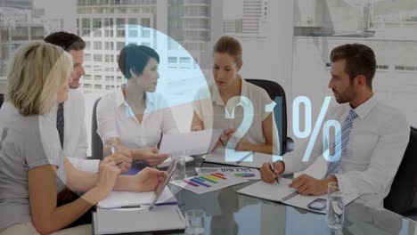 animation of pie chart, increasing numbers and percentile over diverse coworkers discussing reports