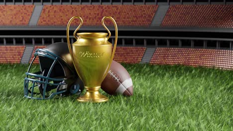 american football concept with trophy and helmet on the field, 3d illustration