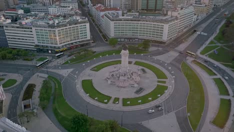 lockdown2020. marques de pombal. aerial footage shows landmarks and tourist hotspots in lisbon completely empty, with only a few cars on the streets.