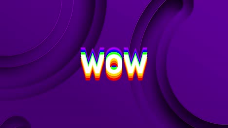 Digital-animation-of-rainbow-effect-wow-text-against-circular-shapes-cuts-on-purple-background