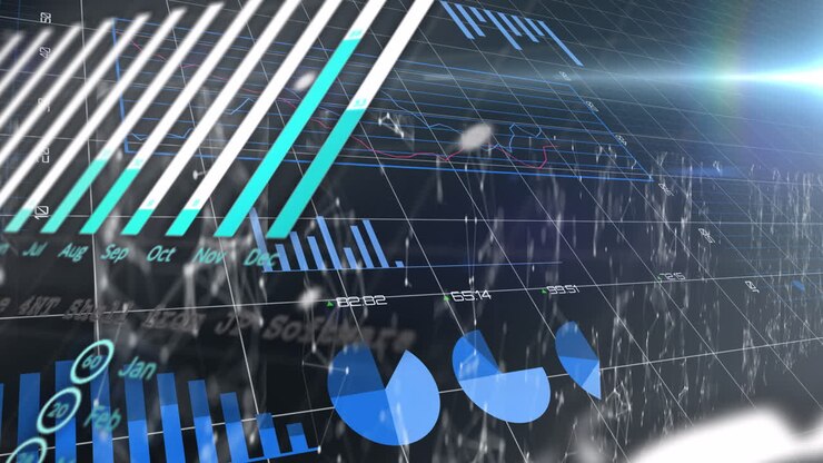 Animation of financial data processing over dark background