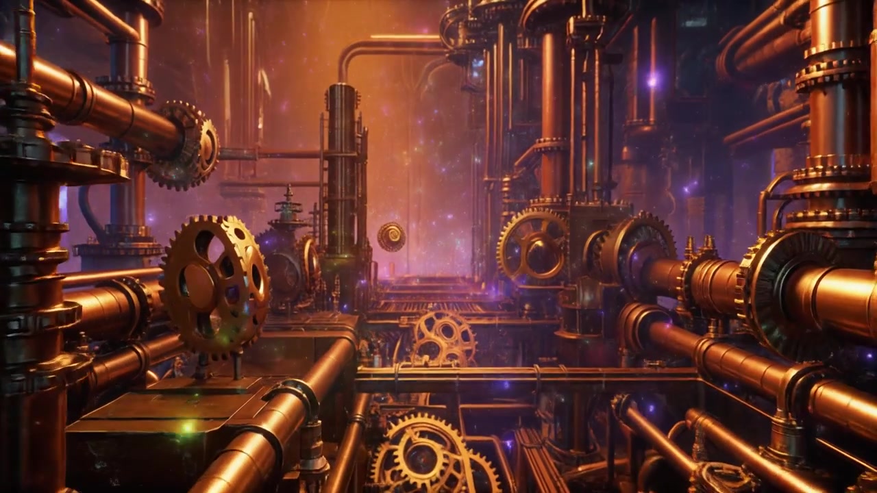 Steampunk industrimaskineri med glødende tandhjul og rør i rummet