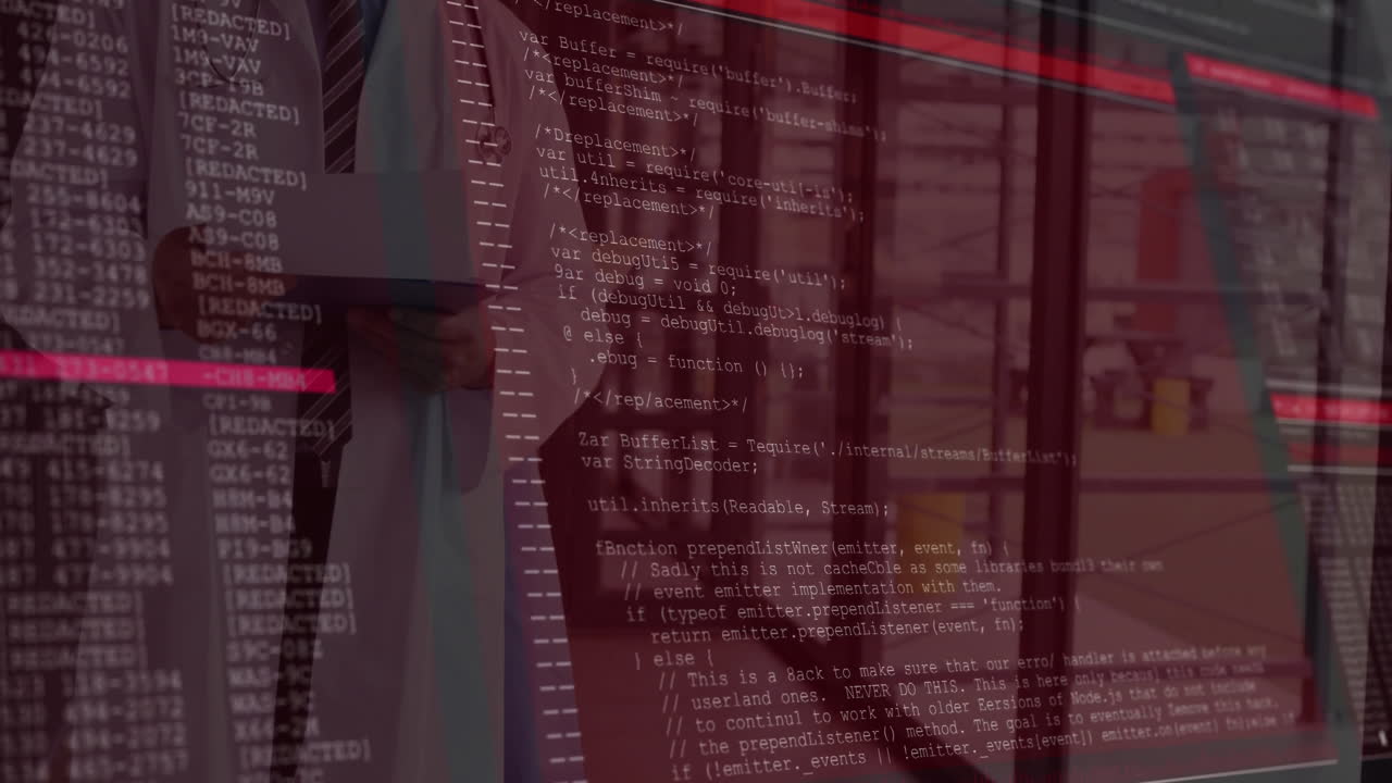 Professional holding slim tablet while code overlay covering modern office interior in 3D render