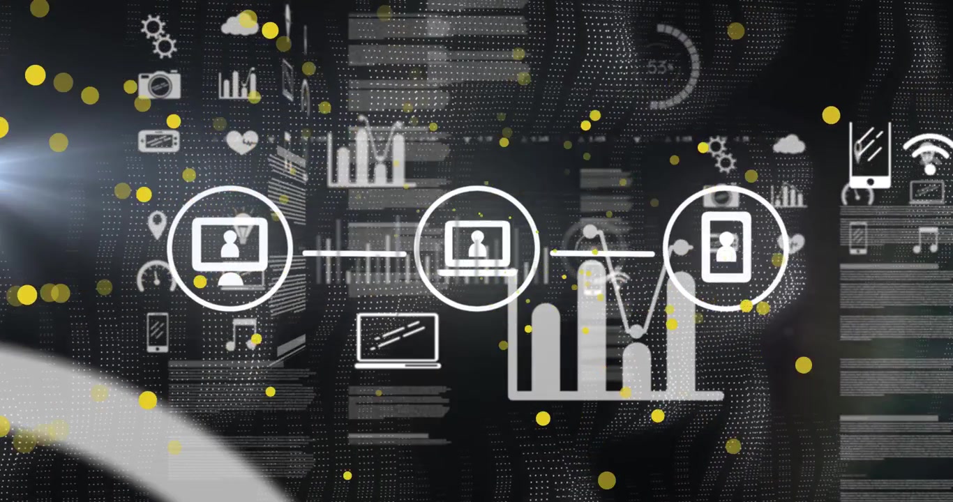 Animation af grafer og forskelligartet databehandling på en sort digital skærm.