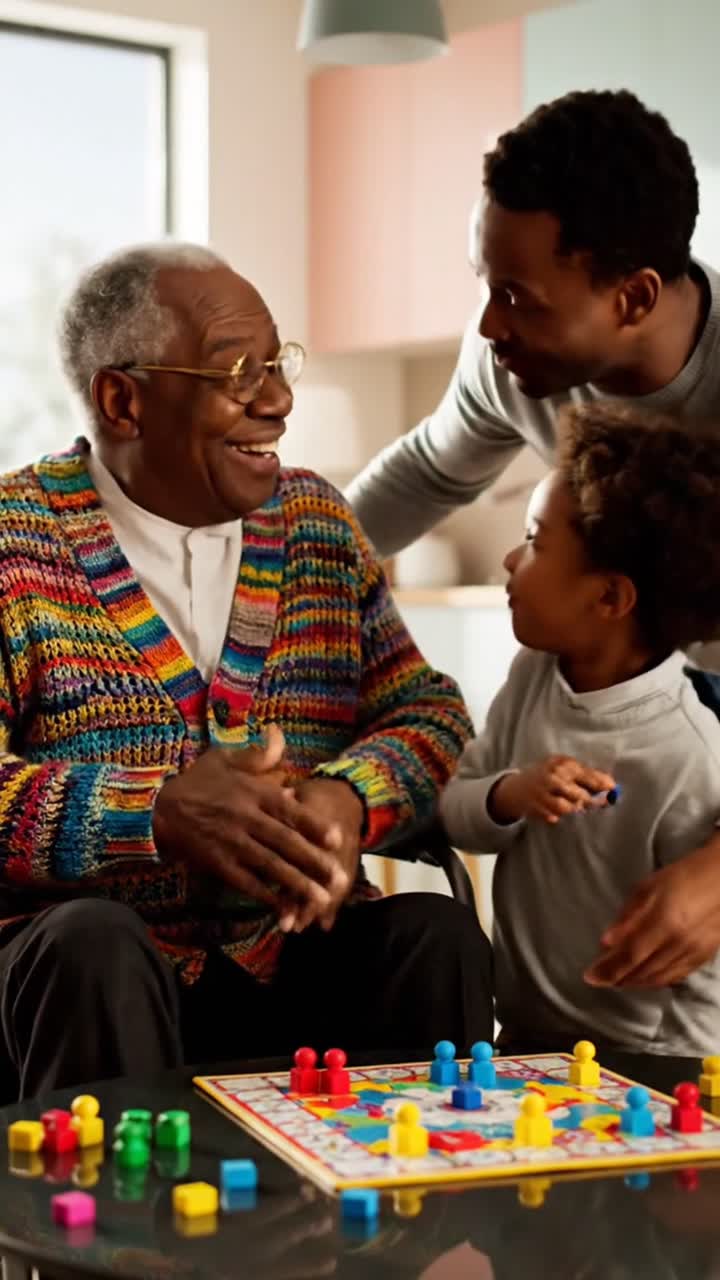 Multigenerational family playing board game together at home