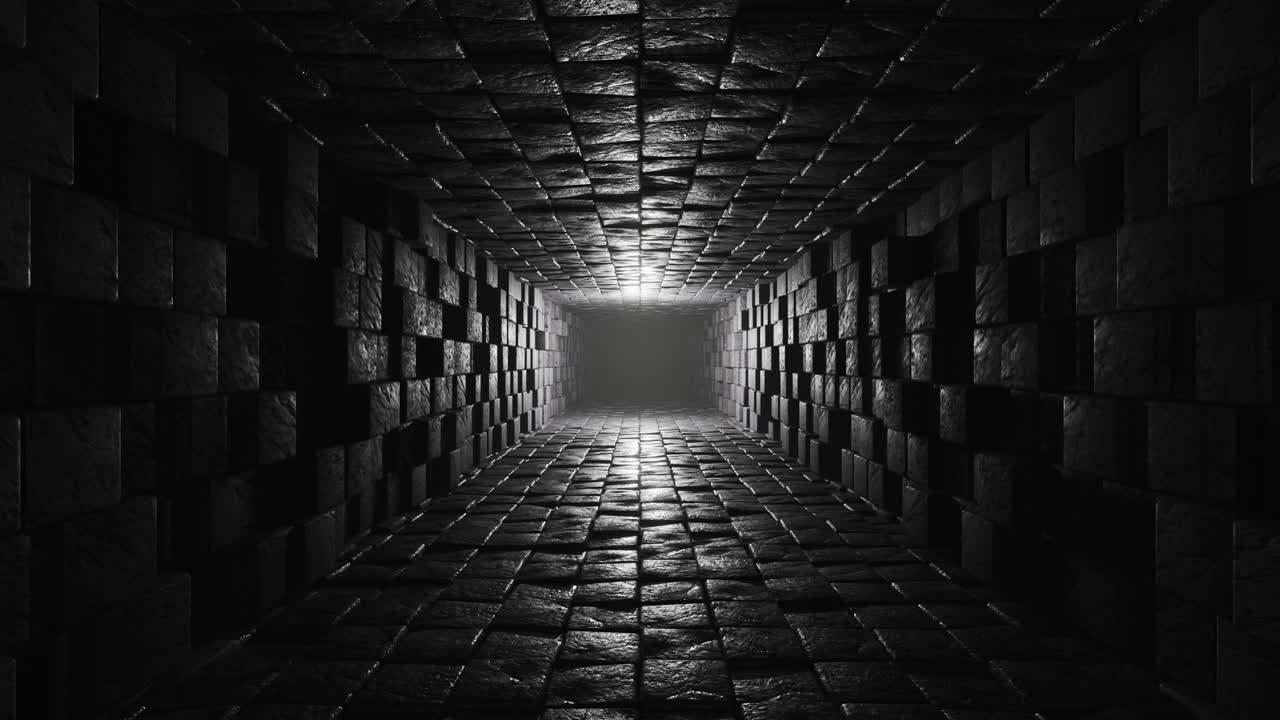 un túnel oscuro con luz saliendo de él. animación en bucle