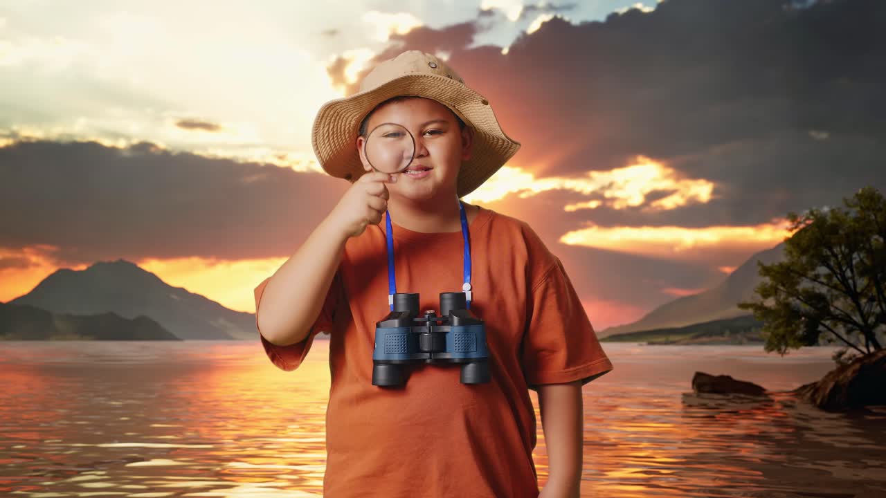 Asian Boy With A Hat And Binoculars Looking Through The Magnifying Glass Examines Something At A Lake. Boy Researcher, Travel Tourism Adventure Concept