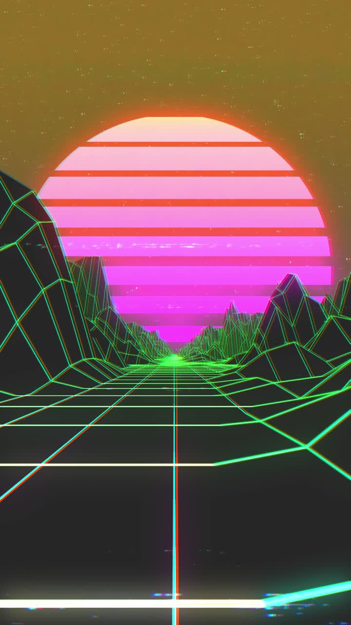 Paesaggio digitale synthwave retrò con griglia al neon e montagne