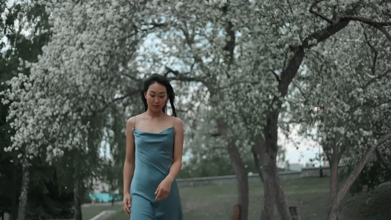 Woman in a Blue Dress in a Spring Park