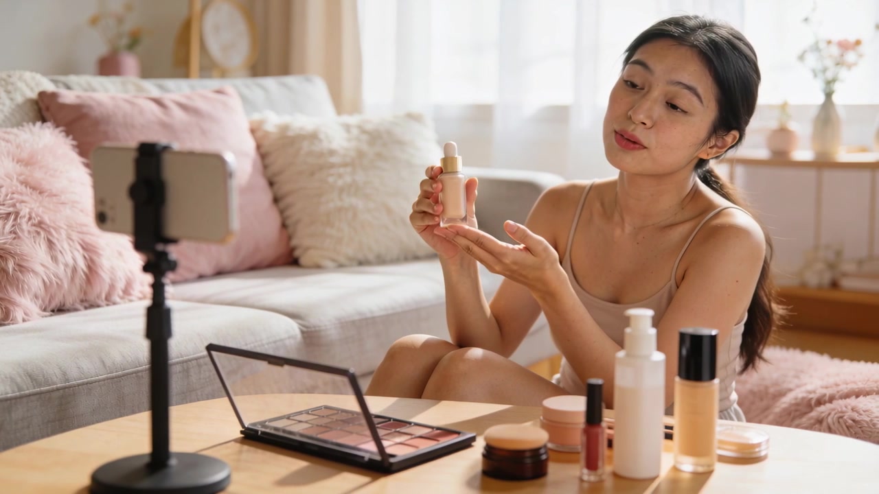 Recording tripod phone, creator demonstrating dropper serum at living room table, wearing beige top