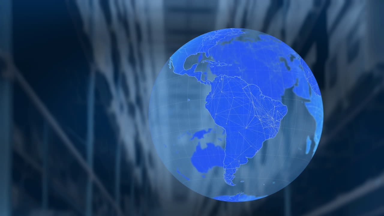 animación digital del globo giratorio contra el almacén en el fondo