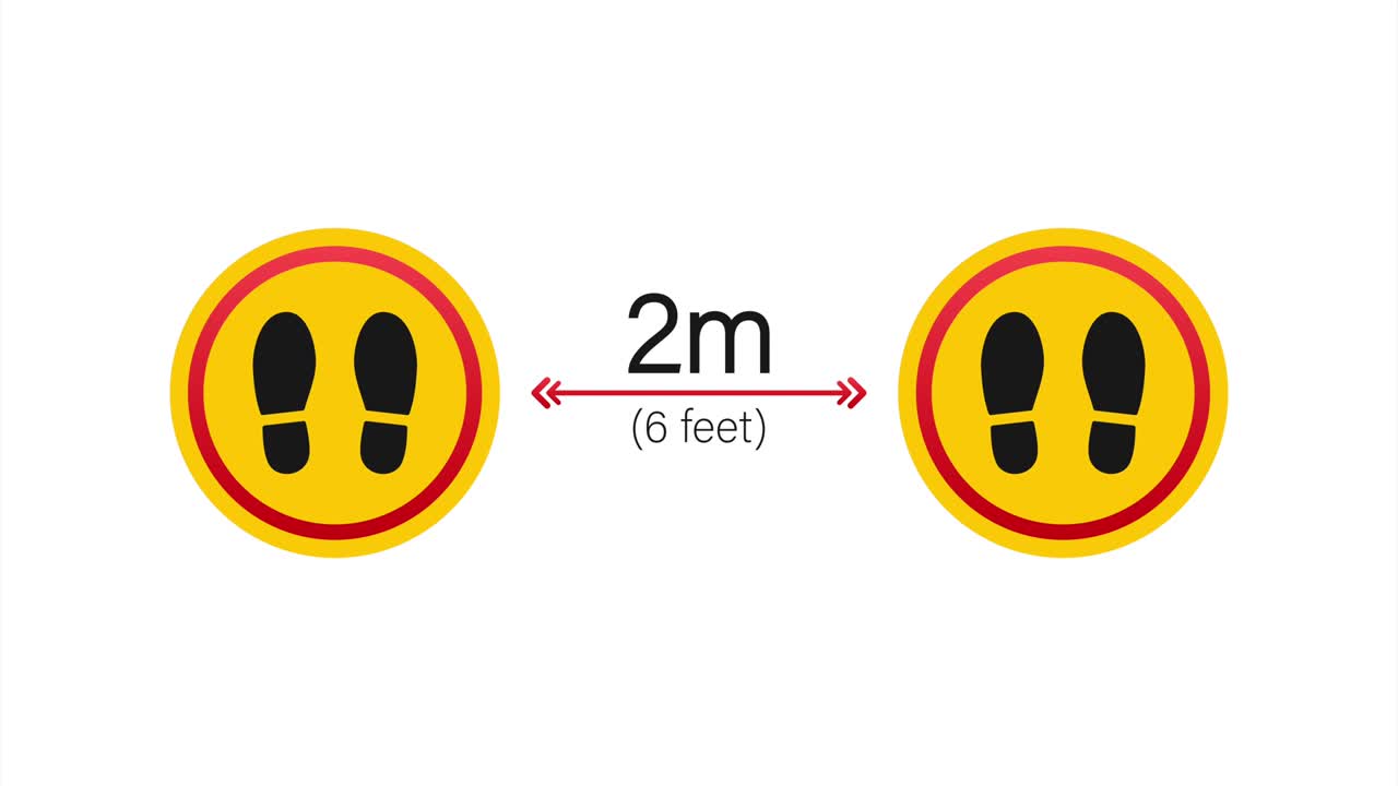 사회적 거리 표시 아이콘: 여기서 기다려주세요. 안전한 거리를 유지하세요.