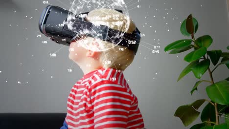 Animation-Des-Globus-Mit-Verbindungen-über-Einem-Kaukasischen-Jungen,-Der-Ein-VR-Headset-Trägt