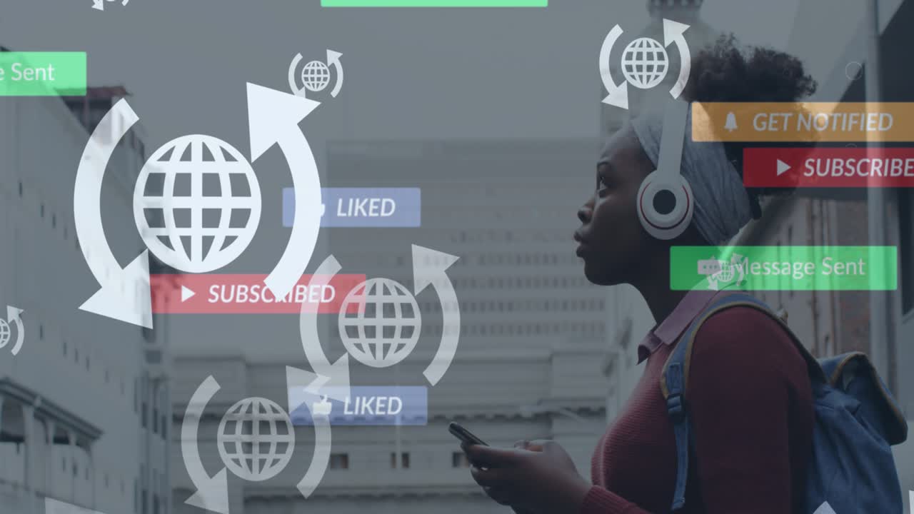 Computer network icons and social media notifications over woman listening music over headphones