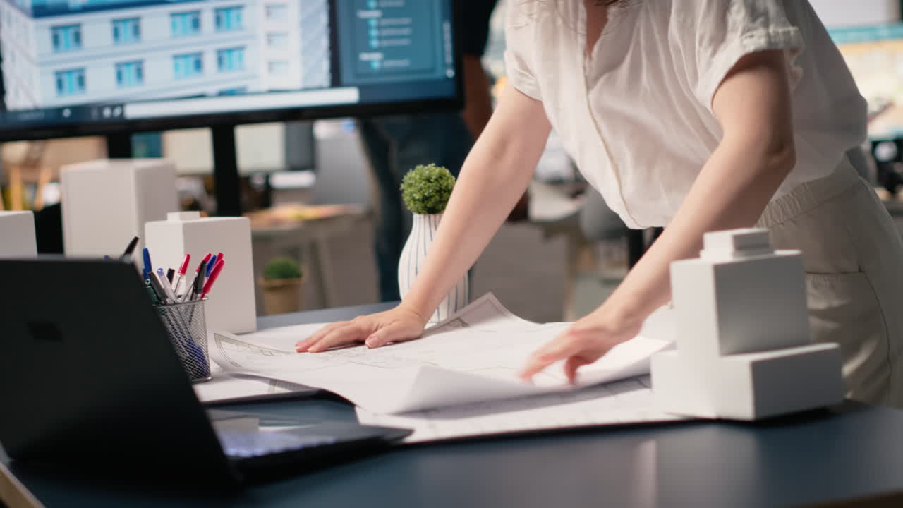Vertical Video Female contractor measuring the construction site layout with blueprints