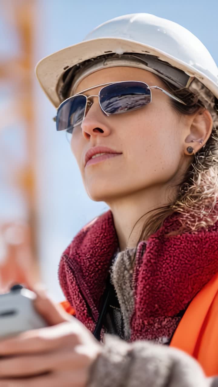 A Confident Female Construction Worker Communicates Effectively on a Job Site, Strategically Managing Tasks with Her Radio Device While Wearing Safety Gear