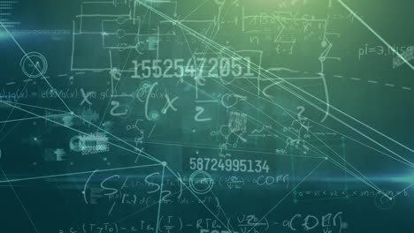 Animation-of-changing-numbers-over-connected-dots,-graph-icons,-mathematical-equation-and-diagrams