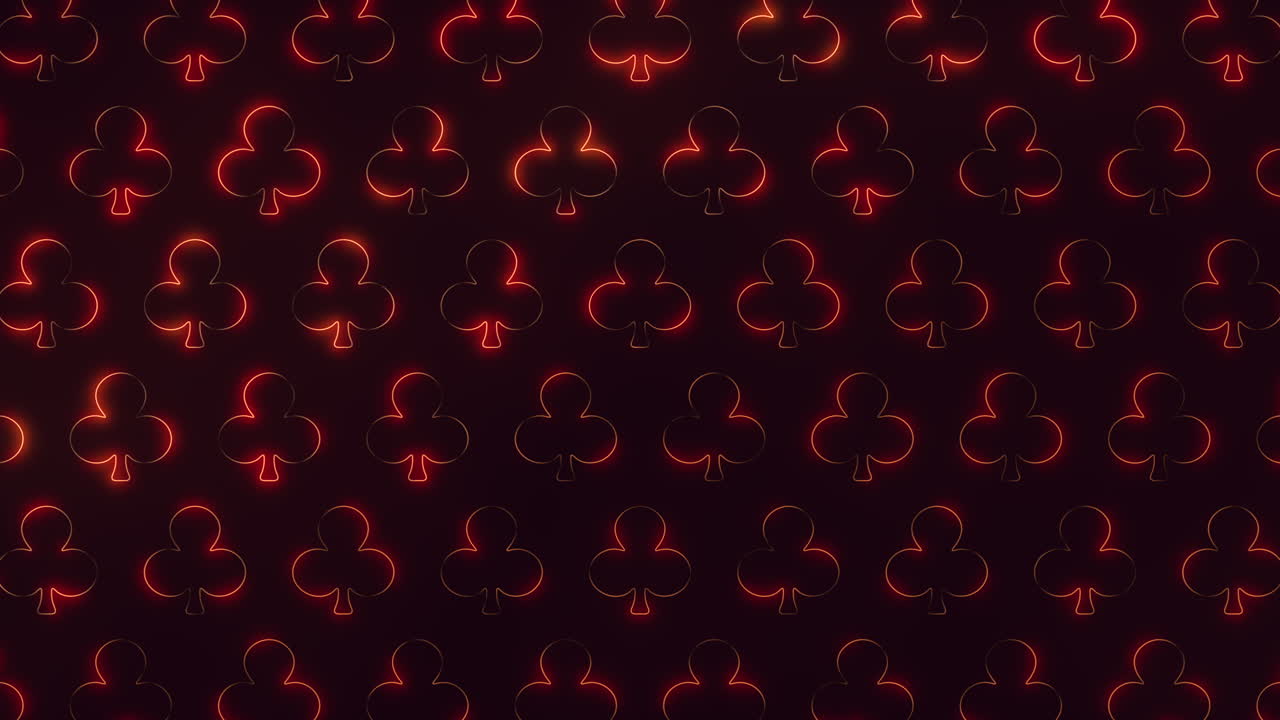 Seamless pattern of glowing clubs suit symbols forming a red neon grid on a dark background, ideal for casino themes, poker tournaments, gambling promos and gaming interfaces