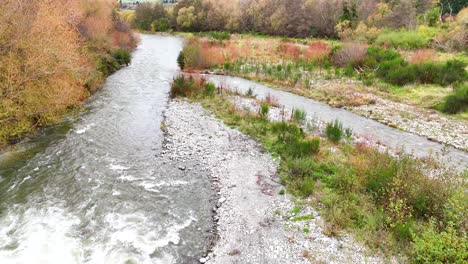 a tranquil river flows through lush greenery under soft daylight, capturing the peaceful essence of lake tekapo's natural beauty