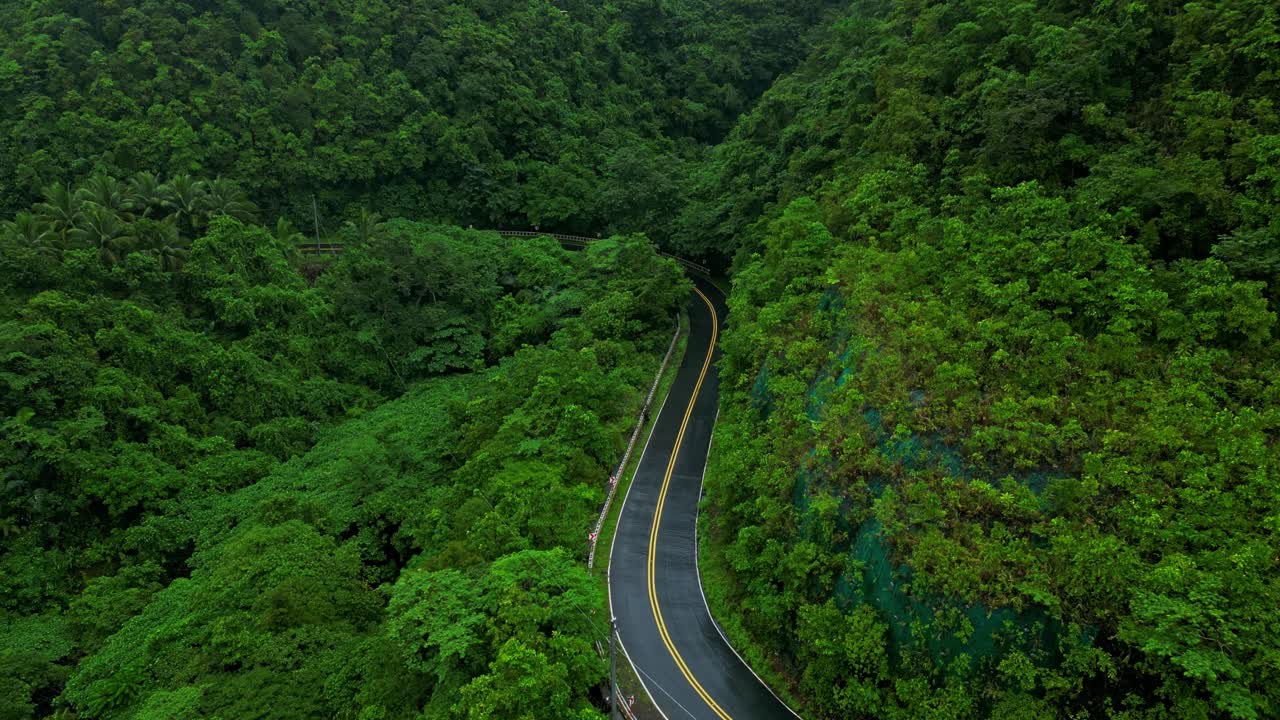 Aerial shot shows a winding road disappearing into dense forest and misty hills, blending infrastructure with nature