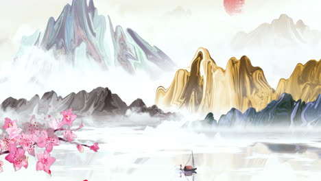 serene ink wash landscape with mountains, cherry blossoms, and boat