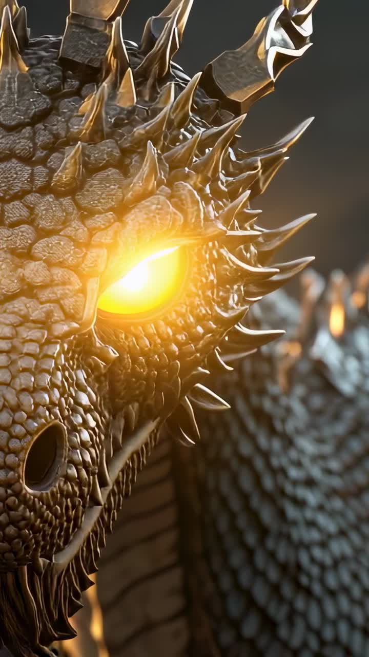 Vertical video: Pulsing orange eye driving dragon turning head on rocks, with horns, dorsal ridges