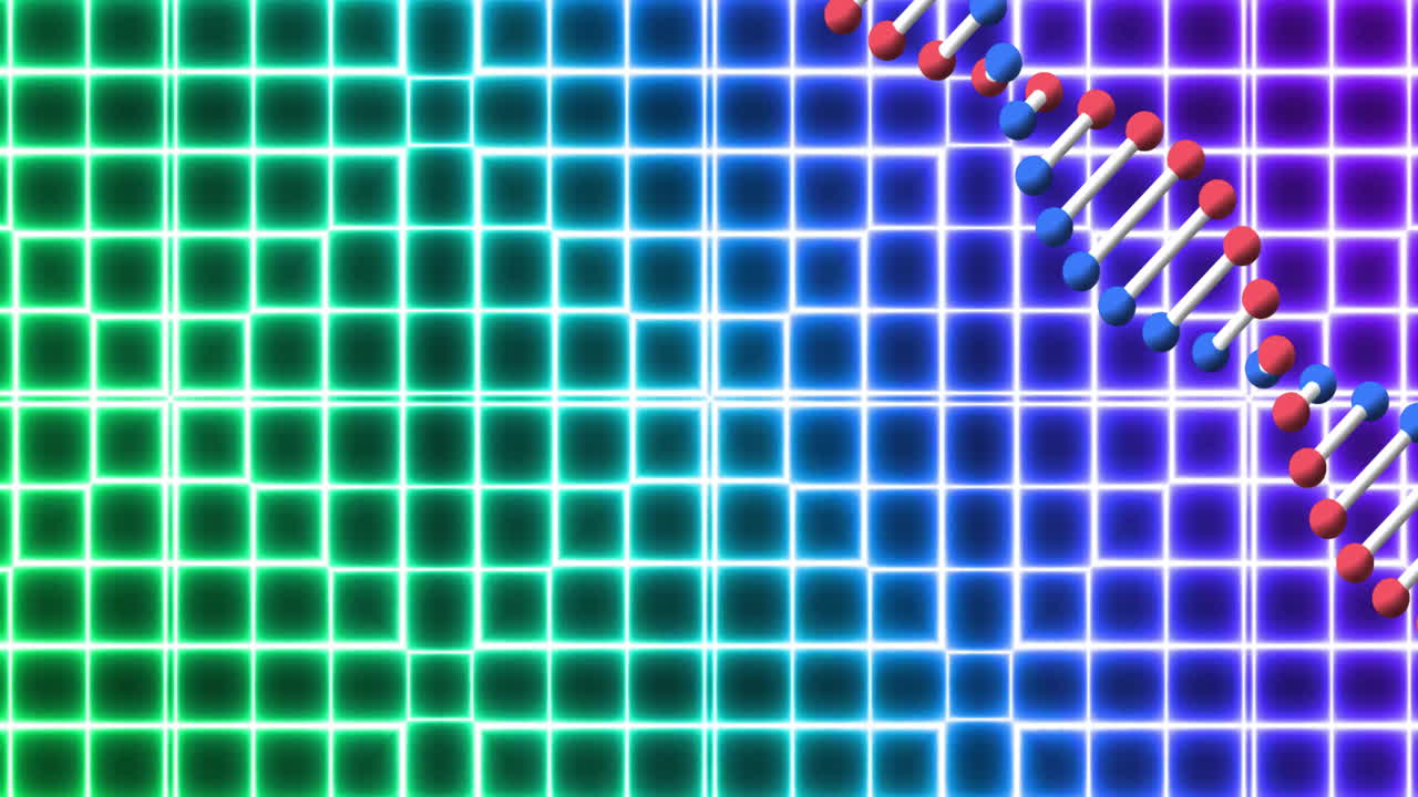 animación de cadena de adn sobre un fondo de cuadrícula geométrica brillante