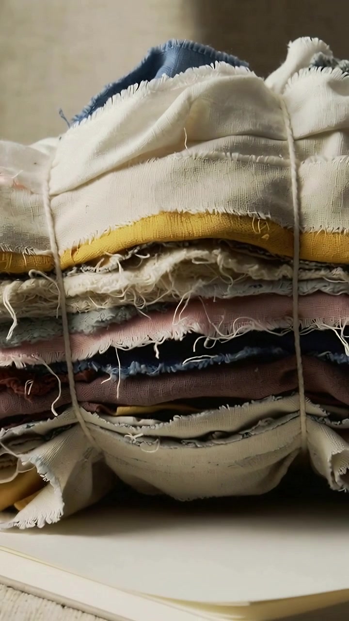 Vertical video: Pulling back camera showing tied fabric stack on book on table, revealing cords
