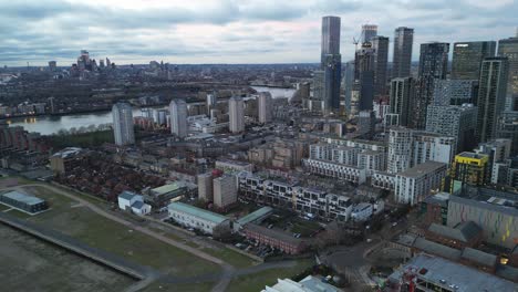 London-apartments-Docklands-UK-Drone,-Aerial,-view-from-air,-birds-eye-view