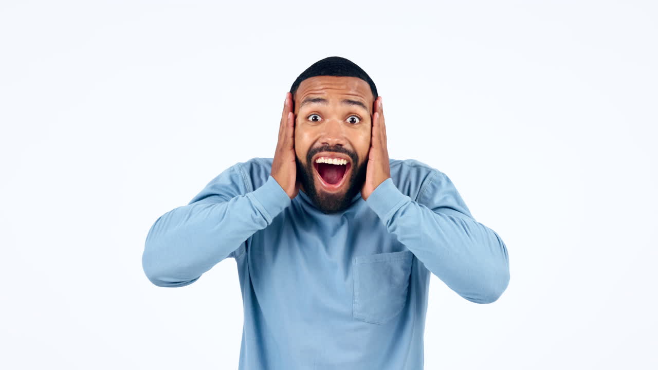 뉴스, 와우, 그리고 스튜디오에서 사람의 얼굴에 손을