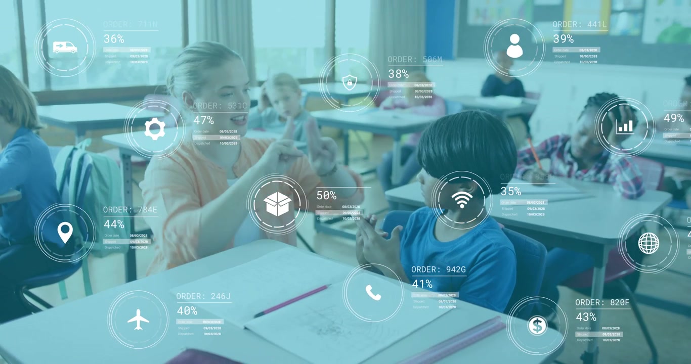 Teacher demonstrating sign guiding student gesture for education with AR icons rising percentages