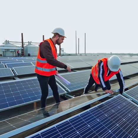 solar panels installation. two workers in a uniform and hard hat install photovoltaic panels on a solar farm. innovative electricity system.