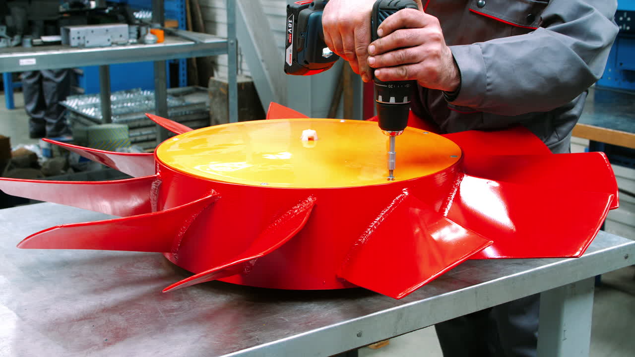 empleado de un taller de montaje atornillando un sujetador con un destornillador eléctrico