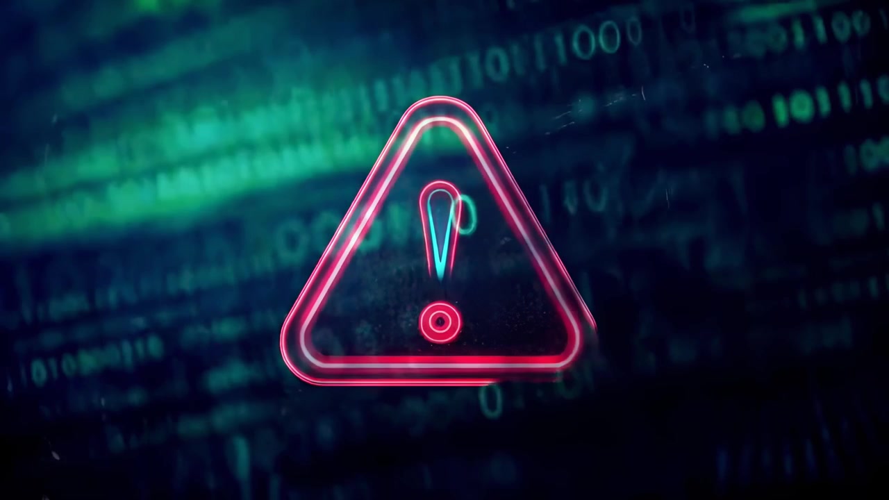 Animated Warning Sign Over Digital Binary Code Background