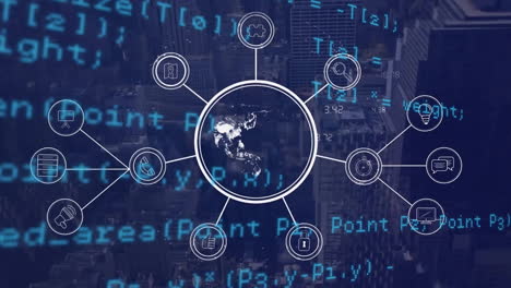 Animation-Von-Flussdiagramm,-Globus-Und-Computersprache-Auf-Abstraktem-Hintergrund