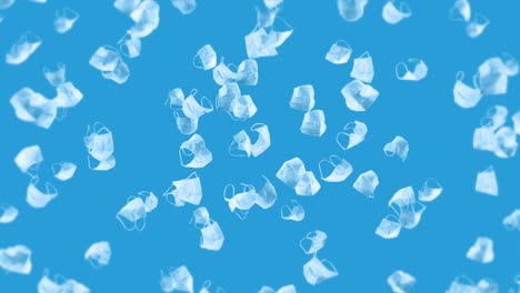 volando muchas máscaras blancas en fondo azul. concepto médico. máscaras de protección quirúrgicas. animación 3d de la máscara giratoria. animación de bucle.